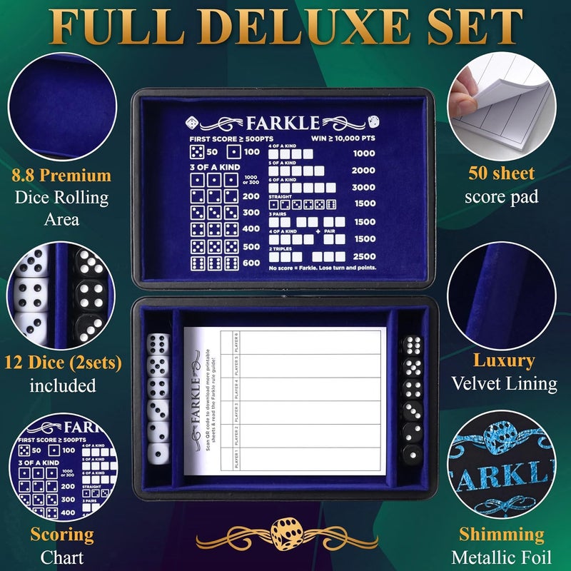 Soar Forge Deluxe Farkle Dice Tray and Storage - Elegant Faux Leather Travel Case with Score Sheets, 2 Sets of Dice & Velvet Lined Rolling Arena for Many Classic Games (Royal Blue) - Image 2